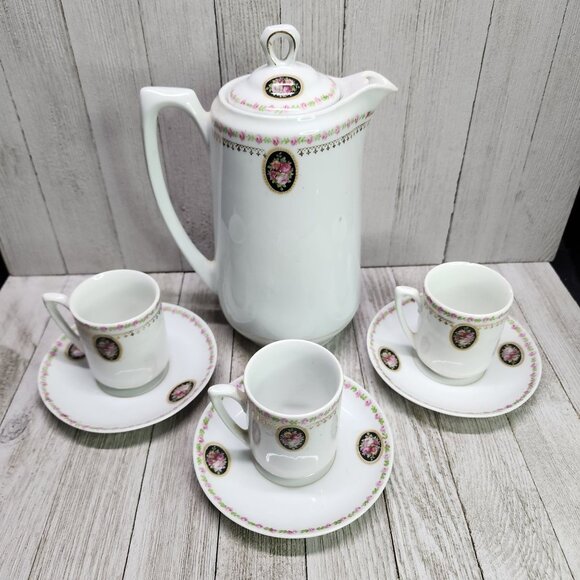 Vintage Bavaria Chocolate Tea Set Porcelain Victorian Gold Trim Pink Roses - Picture 2 of 10